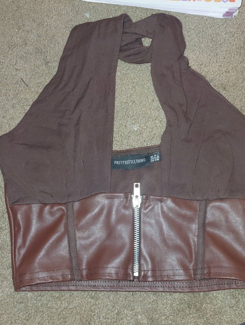 PrettyLittleThing Chocolate Brown Faux Leather Halter Zip Crop Top